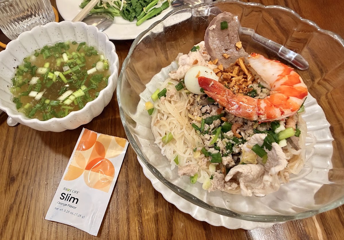 Dry mixed noodles with prawn and pork — quail egg, fried shallots, side broth, greens