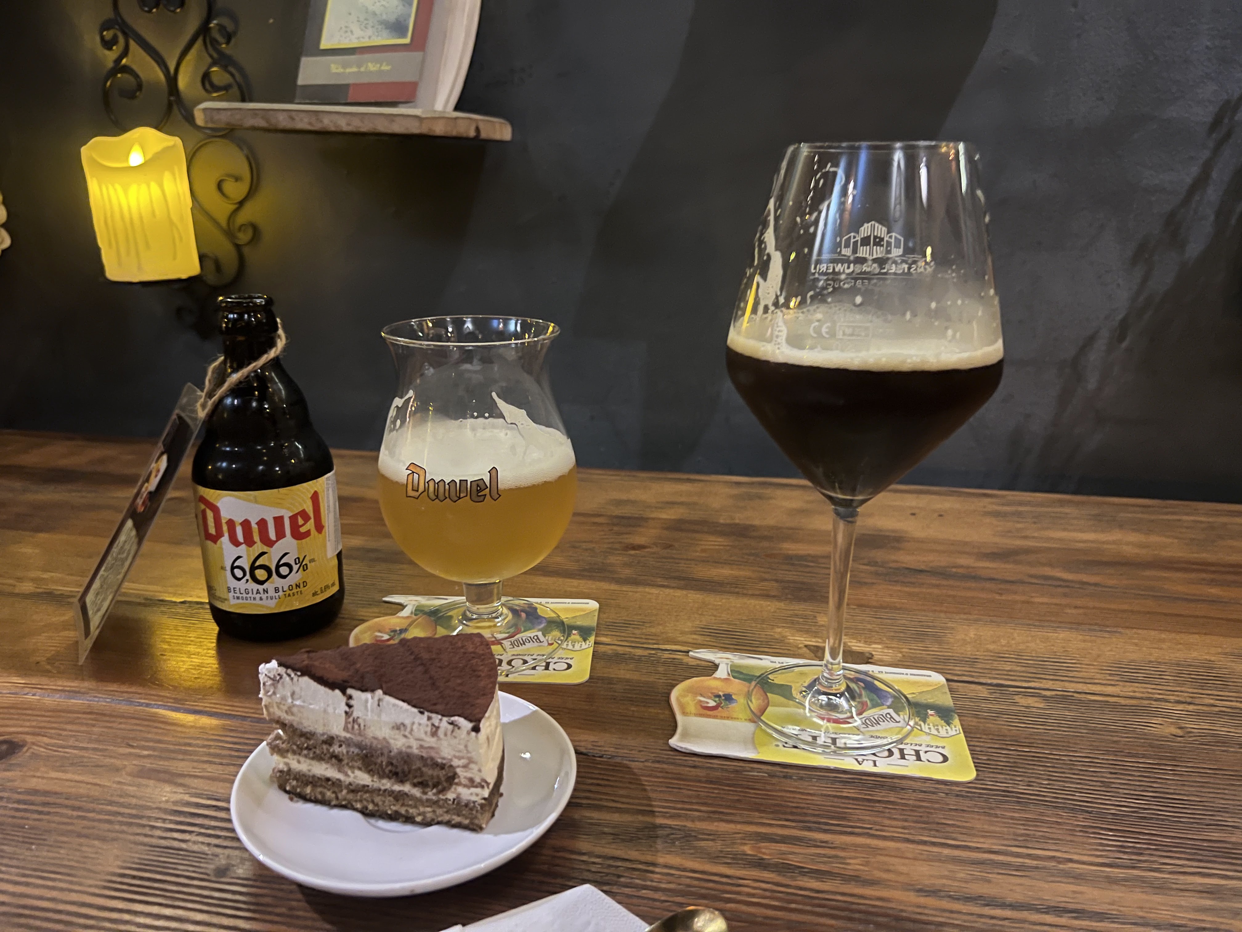 Duvel 6.66% and tiramisu by candlelight